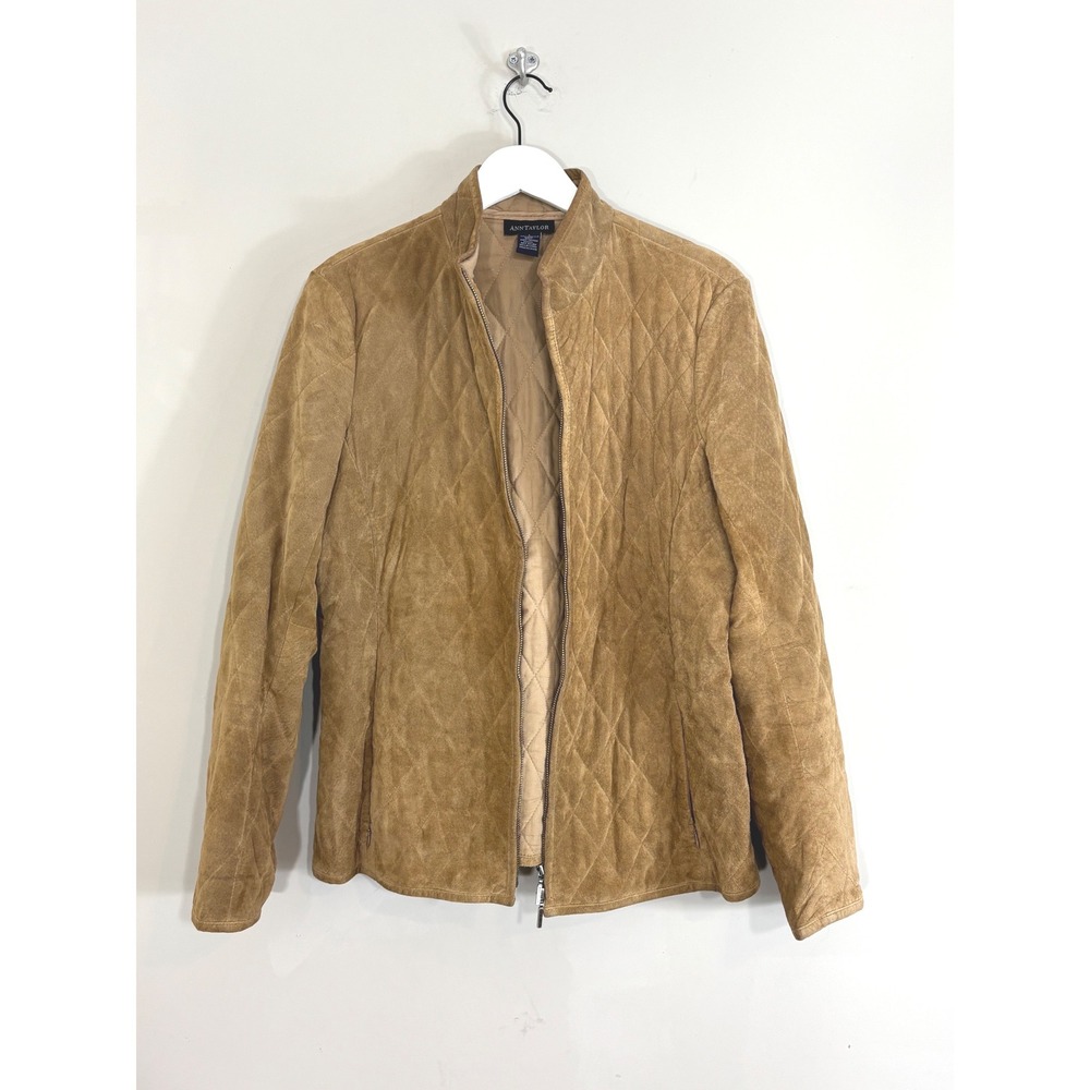 Ann Taylor Y2K Tan Quilted Suede Leather Jacket Mock Neck Brown Women Large